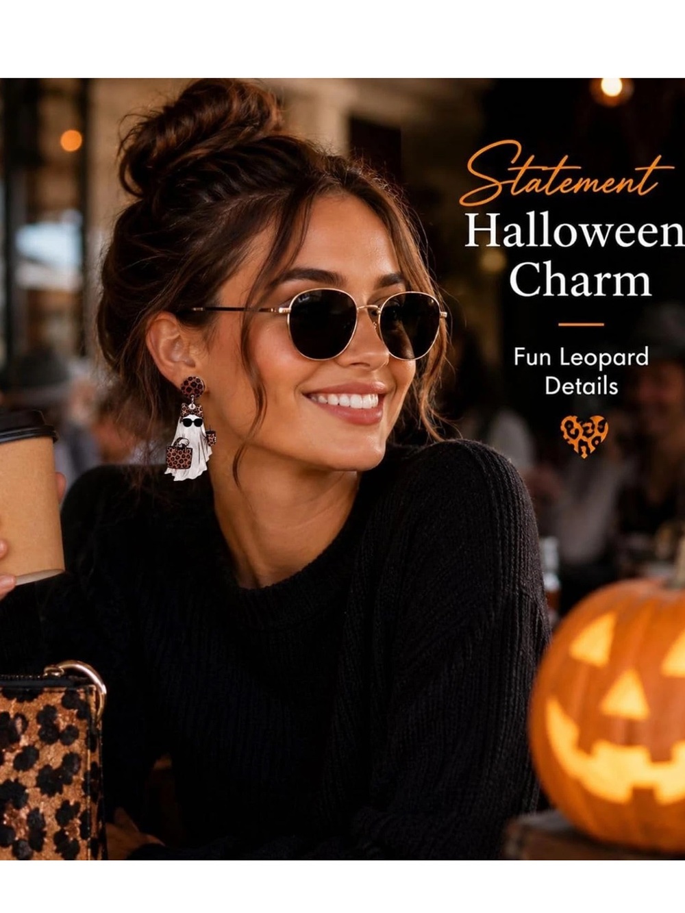 Halloween Earrings Leopard Print Ghost Cafe Shopping bag Earrings Fall Jewelry - Picture 6 of 7